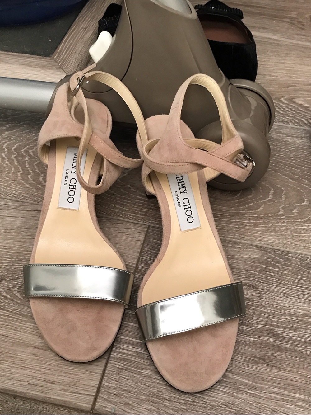 Jimmy Choo Pink Suede Sandals with Silver Metallic Toe Strap